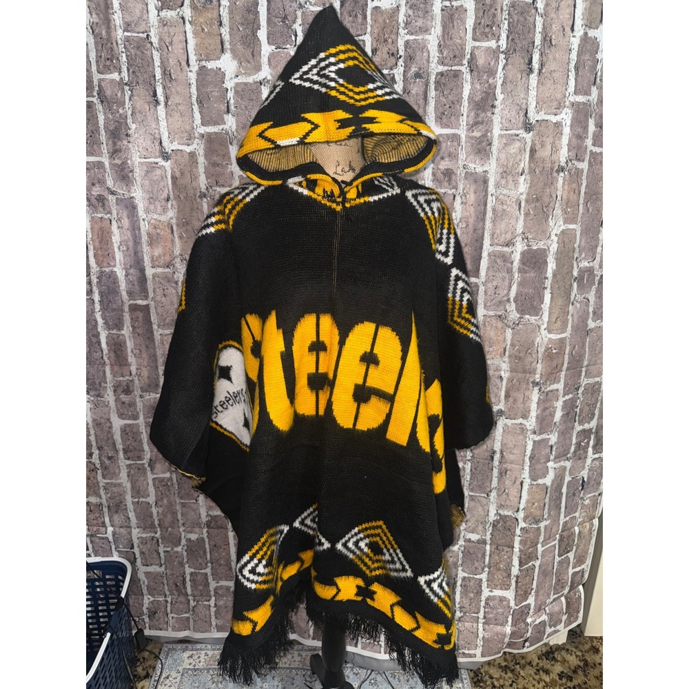 Vtg 90s Pittsburgh Steelers Hooded Poncho XL Tejidos Ruminahui Wool Blend Fringe